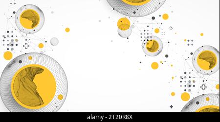 Sphere  theme with connected lines in technology style background. Wireframe illustration. Abstract 3d grid design. Stock Vector