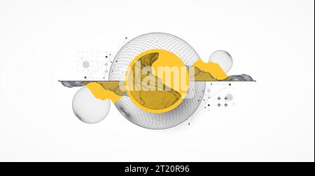 Sphere  theme with connected lines in technology style background. Wireframe illustration. Abstract 3d grid design. Stock Vector