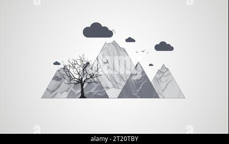 Art concept. Abstract mountains with clouds. Silhouette of a tree. Stock Vector
