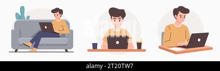 Man works at a laptop. Simple stile. Work at home. Collection of vector illustrations. Stock Vector