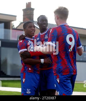 GOAL 2-1, Caleb Kporha of Crystal Palace U18 goal celebration with Hindolo Mustapha of Crystal Palace U18. - Crystal Palace U18 v Fulham U18, U18 Premier League South, Crystal Palace Academy, London. - 29th October 2022. Editorial Use Only - DataCo Restrictions Apply. Stock Photo