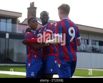 GOAL 2-1, Caleb Kporha of Crystal Palace U18 goal celebration with Hindolo Mustapha of Crystal Palace U18. - Crystal Palace U18 v Fulham U18, U18 Premier League South, Crystal Palace Academy, London. - 29th October 2022. Editorial Use Only - DataCo Restrictions Apply. Stock Photo