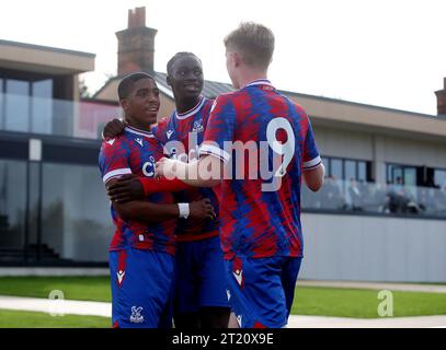 GOAL 2-1, Caleb Kporha of Crystal Palace U18 goal celebration with Hindolo Mustapha of Crystal Palace U18. - Crystal Palace U18 v Fulham U18, U18 Premier League South, Crystal Palace Academy, London. - 29th October 2022. Editorial Use Only - DataCo Restrictions Apply. Stock Photo