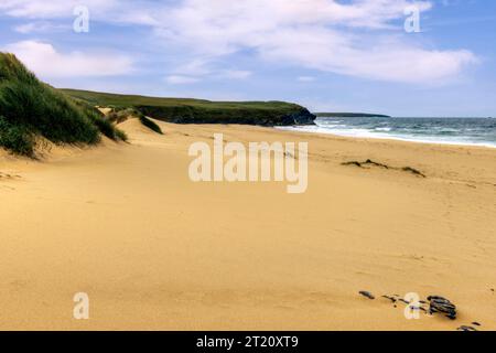 Eoropie Beach is a wide sandy beach with high dunes, found at the Port of Ness on the edge of Eoropie village on the north tip of Isle of Lewis. Stock Photo