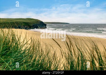 Eoropie Beach is a wide sandy beach with high dunes, found at the Port of Ness on the edge of Eoropie village on the north tip of Isle of Lewis. Stock Photo