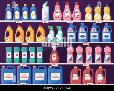 Shelves with detergent bottles. Grocery store shelves with liquid soap powder, household cleaning products. Vector supermarket concept Stock Vector