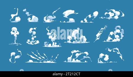 Steam clouds set. Cartoon blue fog and steam trail for kids game, air flow and wind effect for UI design. Vector isolated collection Stock Vector