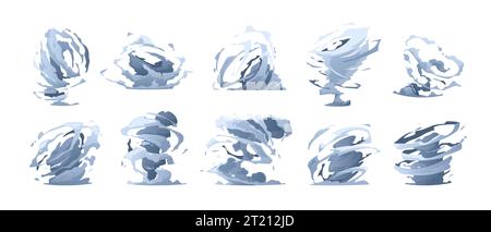 Cartoon tornado effect. Windy cyclone hurricane whirlwind animation sprite, fast hurricane wind vortex destruction sprite asset. Vector isolated set Stock Vector