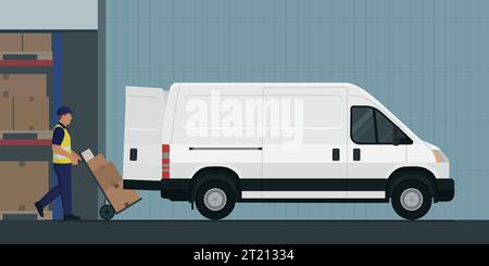 Man pushing a hand truck and loading packages into a van at the warehouse, courier and express delivery concept, copy space Stock Vector