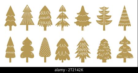 Golden christmas tree icons of collection for holiday Stock Vector
