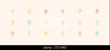 Cute line doodle map location pin icons set. Vector illustration in graffiti Japanese sketch style. Wifi, post office, restaurant, delivery, gym, univ Stock Vector