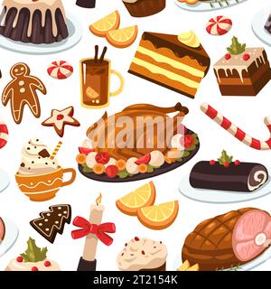 Christmas food pattern. Seamless print of traditional turkey and desserts, happy holiday meal with champagne and cake. Vector texture Stock Vector