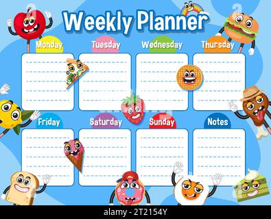 Weekly Planner Table Schedule with Cartoon Character Theme illustration Stock Vector