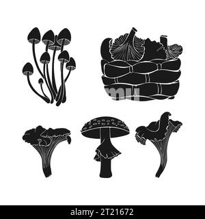 Set mushrooms silhouette. Monochrome dark icons. Black mushrooms on white background. Vector illustration Stock Vector