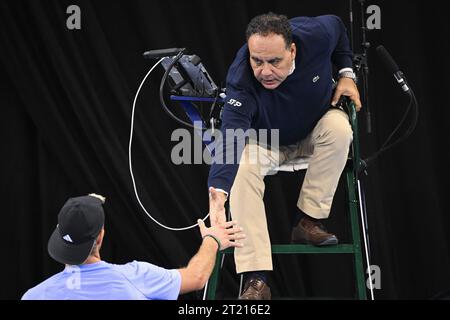 Antwerp, Belgium. 16th Oct, 2023. Referee Adel Nour pictured after a qualifications match for the European Open Tennis ATP tournament, in Antwerp, Monday 16 October 2023. BELGA PHOTO LAURIE DIEFFEMBACQ Credit: Belga News Agency/Alamy Live News Stock Photo