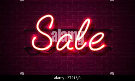 Neon sign, the word Sale on dark brick wall background. Discount Background for your design, greeting card, banner. Vector illustration Stock Vector