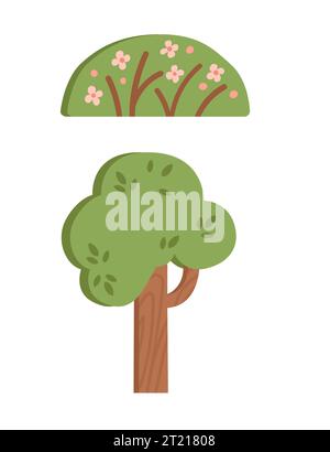Wooden flat tree and bush decoration for theater vector illustration isolated on white background Stock Vector