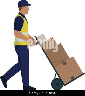 Man pushing a loaded hand cart, warehouse worker, isolated Stock Vector