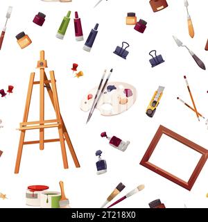 Hand drawn seamless pattern of artist tools doodle. Art supplies in sketch  style. Easel, brushes, paint, pencils. Vector illustration Stock Vector