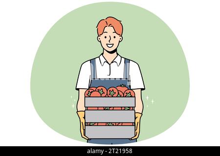 Smiling male farmer holding box of fresh tomatoes. Happy man gardener with baskets of vegetables from farm. Gardening and agriculture. Vector illustration. Stock Vector