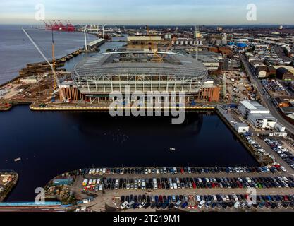 An aerial view as construction work continues on the site of Everton football club's new stadium, Bramley-Moore Dock, Liverpool. Picture date: Monday October 16, 2023. Stock Photo