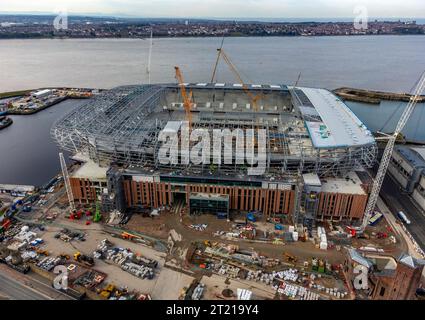An aerial view as construction work continues on the site of Everton football club's new stadium, Bramley-Moore Dock, Liverpool. Picture date: Monday October 16, 2023. Stock Photo