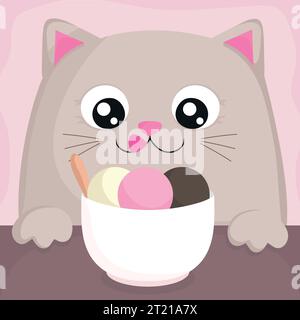 Cute smiling cartoon cat is getting ready to eat ice cream. Cat looking forward to ice cream. Vector illustration Stock Vector