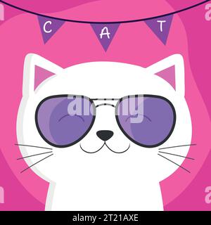 Smiling cartoon white cat wearing sunglasses. Cat hipster. Vector illustration Stock Vector