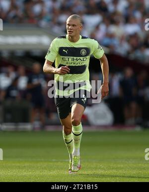 Erling Haland of Manchester City during the match between West Ham United v Manchester City in the English Premier League match at The London Stadium on 7th August 2022. - West Ham United v Manchester City, London Stadium, London. - 7th August 2022. Editorial Use Only Stock Photo