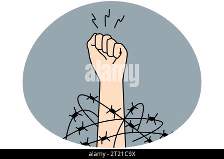 Close-up of hand in fist in wires thrive for independence and freedom. Raised hand with clenched fist fight for human rights. Vector illustration. Stock Vector