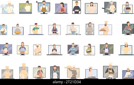 Online cooking classes icons set cartoon vector. Cook class. Woman online screen Stock Vector