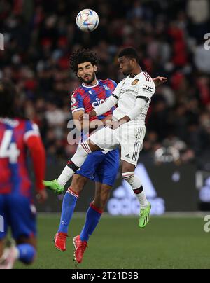 Cardo Siddik of Crystal Palace battles for an ariel ball during the match between Crystal Palace v Manchester United at the MCG on 19th July 2022. - Manchester United v Melbourne Victory, MCG Stadium, Melbourne. - 19th July 2022. Editorial Use Only Stock Photo