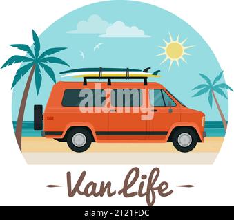 Van life: van with surfboards on the beach, isolated sticker Stock Vector