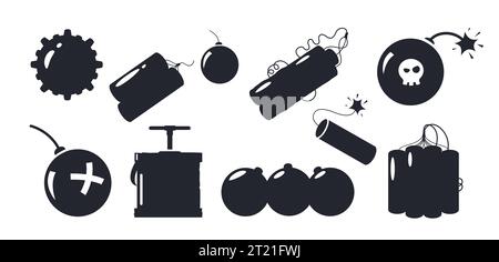 Bomb silhouette. Black explosive dynamite and grenade icons, military and civil danger symbols. Vector isolated collection Stock Vector