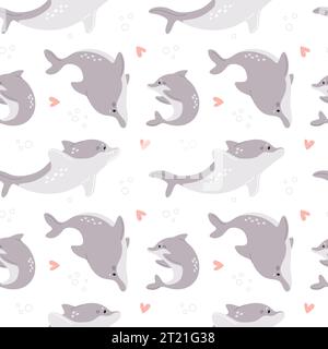 Cartoon dolphins seamless pattern. Cute marine animals. Different poses. Smart funny inhabitants of seas and oceans. Aquatic mammals swimming Stock Vector