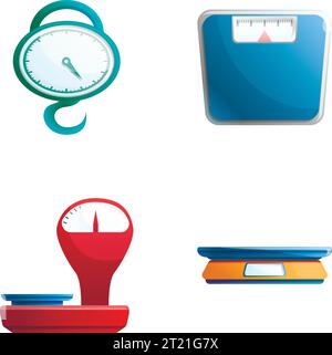 Scale icons set cartoon vector. Floor, industrial and manual scale. Weighing, measuring Stock Vector
