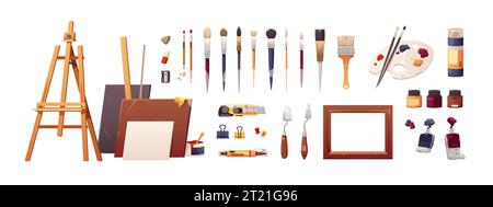 Painting accessories. Cartoon colored paintbrush knife palette brush, professional craft materials for painting, home studio concept. Vector set Stock Vector