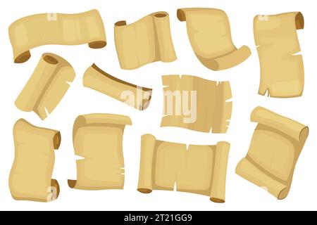 Cartoon scrolls collection. Old antique parchment roll, medieval torn manuscript map certificate, 2d game GUI elements. Vector isolated set Stock Vector