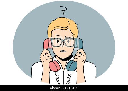 Confused man with landline phones headsets feel frustrated talking. Distressed guy in glasses shocked speaking on corded telephone. Vector illustration. Stock Vector