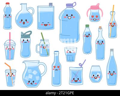 Cute water bottles. Liquid containers with happy smiling faces. Glass and plastic flasks. Ice cubes. Drinking tubes. Cup with straw. Cold beverage Stock Vector