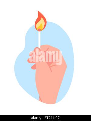 Hand holding burning match. Wooden stick with flammable Sulphur. Matchstick blazing. Bonfire danger. Flame ignition. Matchbook in human arm. Wood Stock Vector