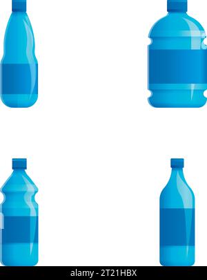Bottled water icons set cartoon vector. Pure drinking water in plastic container. Drink, beverage Stock Vector