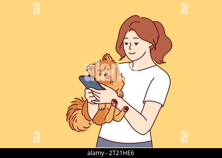 Woman has small dog and phone in hands, and is looking on internet for hotel or cafe to relax with pet. Caring girl with dog calls veterinarian to make appointment for vaccinations Stock Vector