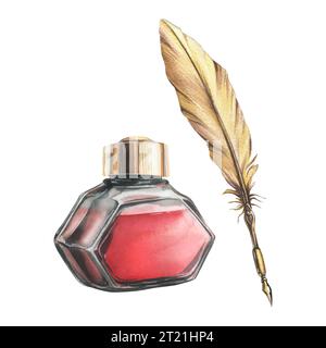 Glass transparent inkwell, red ink jar with gold lid, Gold pen with quill feather. Hand drawn watercolor illustration. Set of isolated object on a Stock Photo