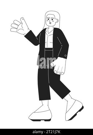 Friendly hispanic businesswoman greeting black and white 2D cartoon character Stock Vector