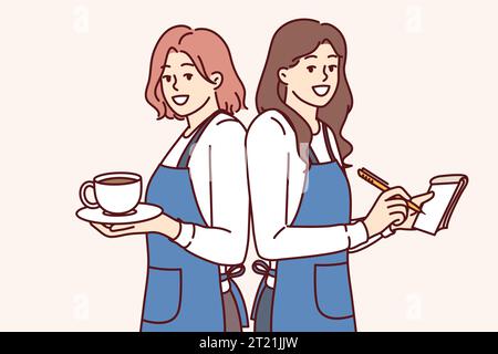 Happy woman waitresses smiling holding coffee and notepad for writing restaurant customer orders. Two waitresses in aprons work in hospitality industry helping cafe customers to have good time Stock Vector