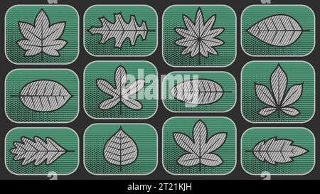 Set of leaves with halftone patterns and colours. Brutalist style Stock Vector