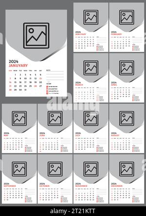 2024 12 Month Wall Calendar For India, With Official Holidays Vector Design Stock Vector