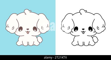 Cute Bichon Frise Dog Clipart Illustration and Black and White. Kawaii Clip Art Dog. Stock Vector