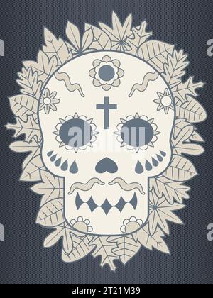 Dia de los Muertos. Mexican Day of the Dead. Skull with flowers and leaves vector illustration. Stock Vector